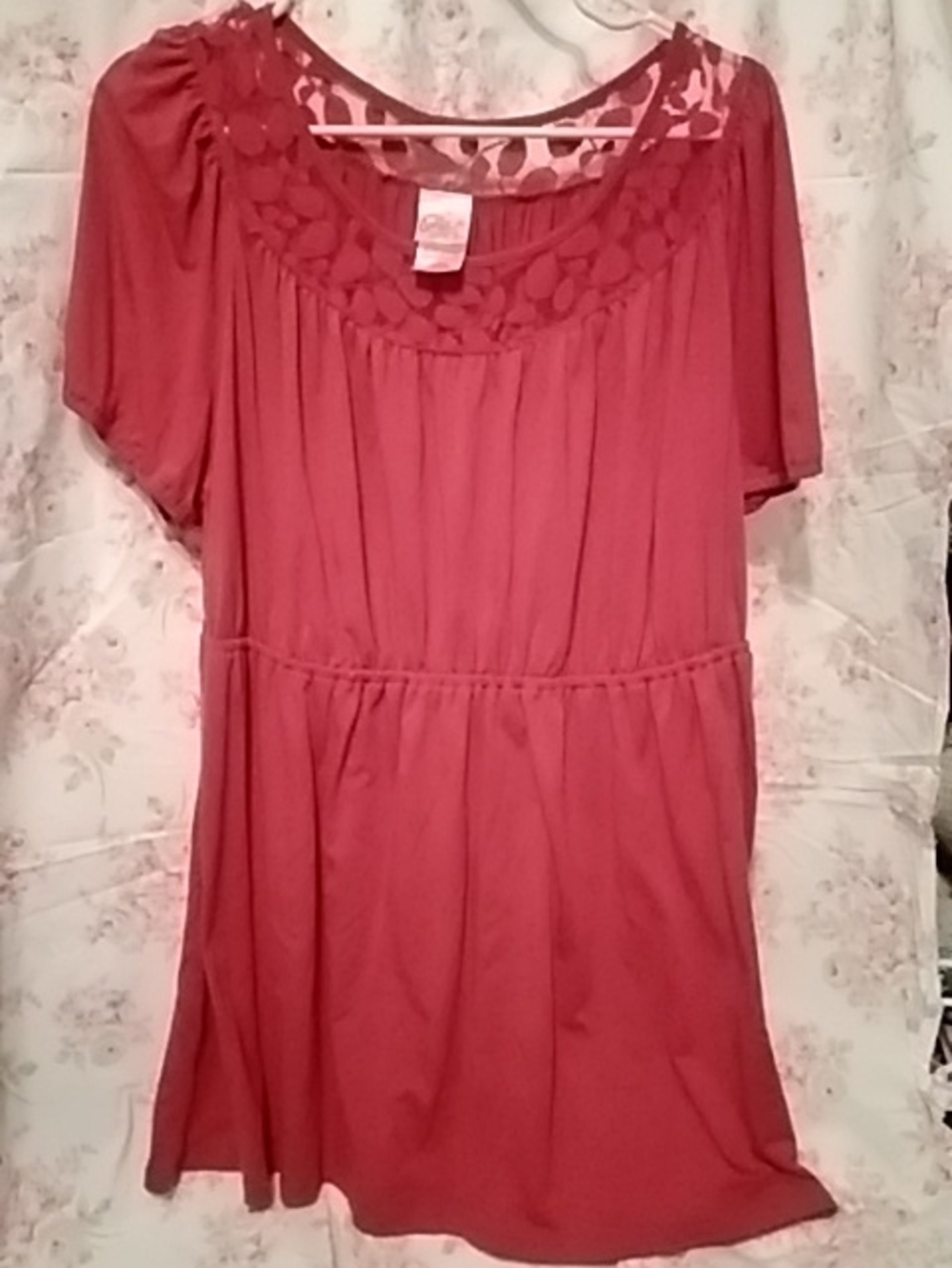 Just My Size Dark Pink Crochet Yoke Short Sleeve Tunic
